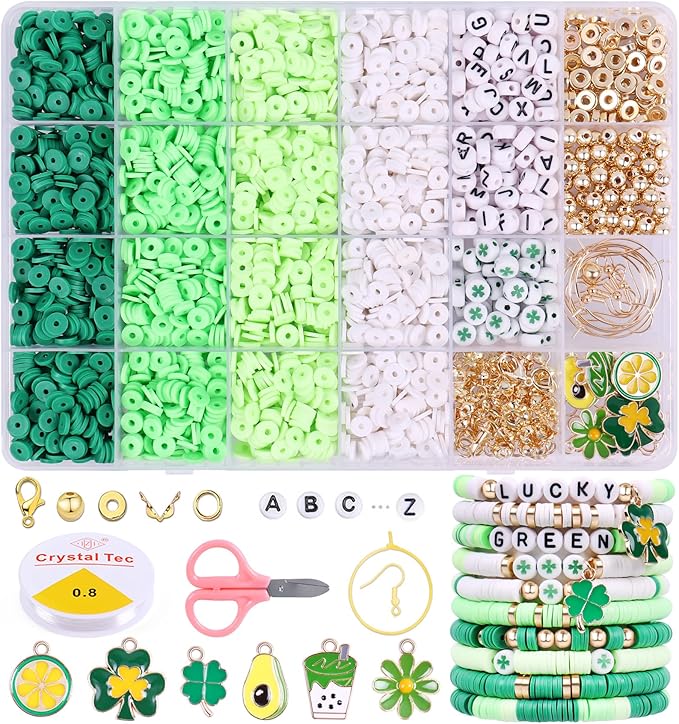 Wuollgess 3500 PCS Green Clay Beads for Bracelet Making Kit, Polymer Heishi Beads for Jewelry Making, Friendship Bracelet Kit for Adults, Spacer Letter Beads for Necklace Earring DIY
