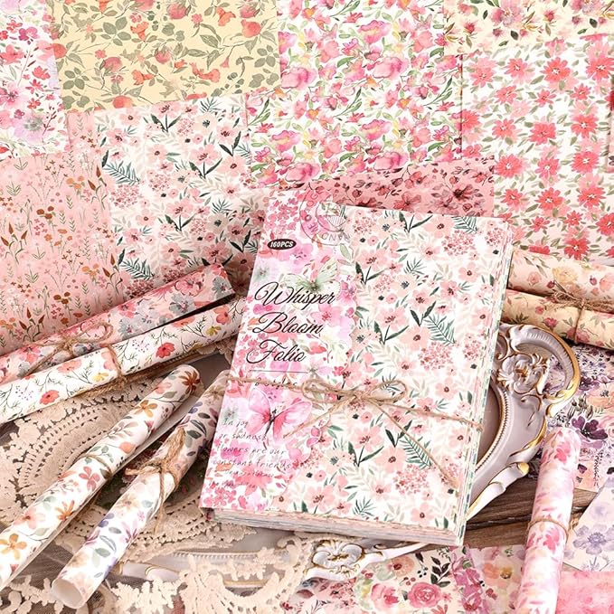 160 Sheets of Pink Flower Scrapbook Paper, journaling Scrapbook Supplies Craft Collage Paper Set, Junk Journal Bullet Journal Poster Room Decor for Card Making Decorative Gifts