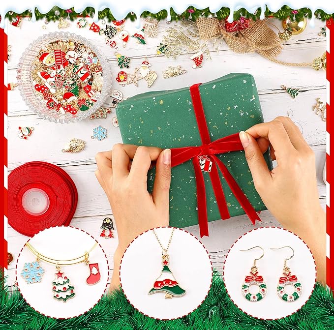 SANNIX 350Pcs Christmas Charms for Jewelry Making, Gold Enamel Charms Christmas Charm Pendants for DIY Crafts Bracelets Necklace Earrings Craft Supplies