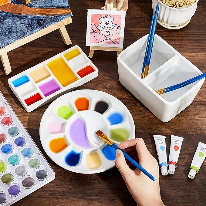 Skyygemm Ceramic Watercolor Paint Palette Set, 3pcs 14-Well & 9-Well Porcelain Mixing Trays with Brush Washer, Non-Stain Easy Clean for Artists