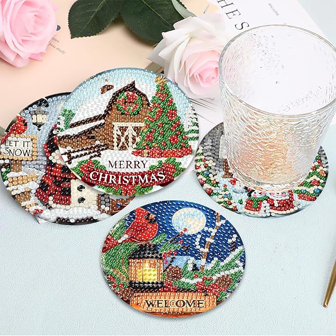 8 PCS Christmas Diamond Art Coasters Winter Diamond Painting Coasters Kits with Holder DIY for Beginners, Adults, Diamonds Art Crafts Supplies