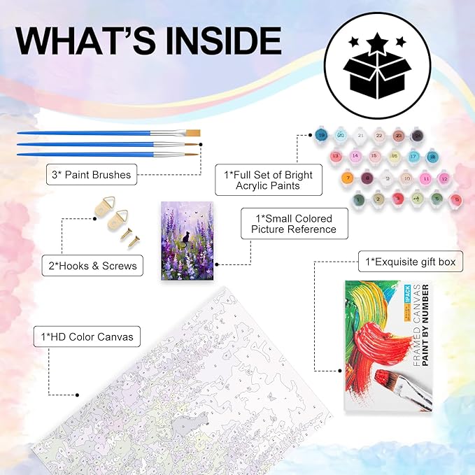 Yezavesu Framed Paint by Numbers Kit for Adults Beginner & Kids Ages 8-12, Flowers Paint by Numbers with Frame, DIY Number Painting for Adults Cat for Home Wall Decor Gift 8x12 inch