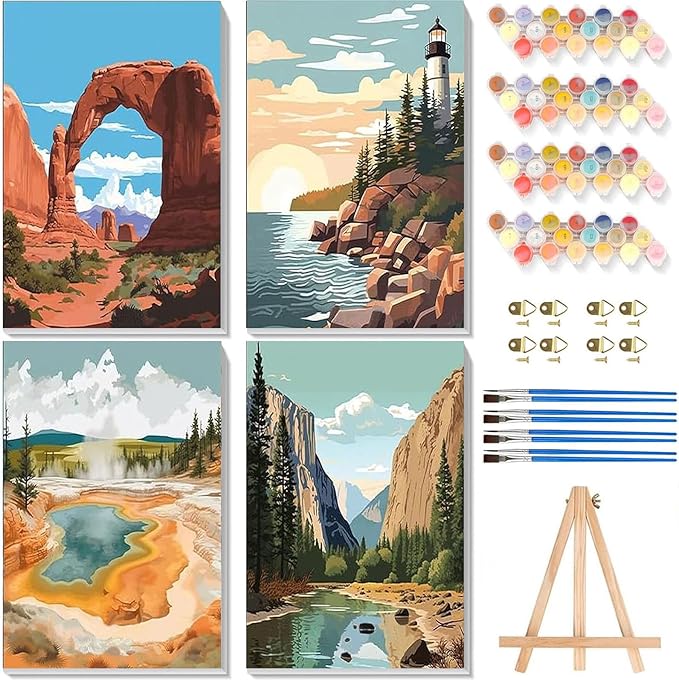 4 Pack Paint by Numbers for Adults with Framed Canvas - with Wooden Easel, National Park Paint by Number on Canvas, DIY Landscape Acrylic Oil Painting Kits with Brushes for Home Wall Decor (8x12 inch)