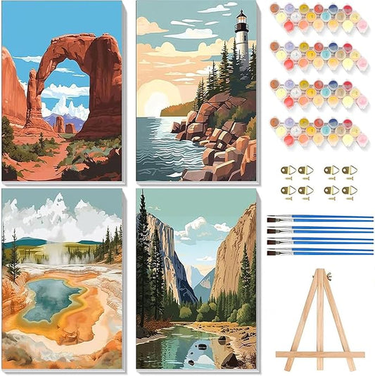 4 Pack Paint by Numbers for Adults with Framed Canvas - with Wooden Easel, National Park Paint by Number on Canvas, DIY Landscape Acrylic Oil Painting Kits with Brushes for Home Wall Decor (8x12 inch)
