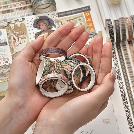 20 Rolls Skinny Vintage Washi Tape Set Retro Arts Adhesive Tapes Basic Patterns Decorative Masking Tape Sets for Craft, Kids, Scrapbook, DIY, Gift Wrapping (Remaining Joy)