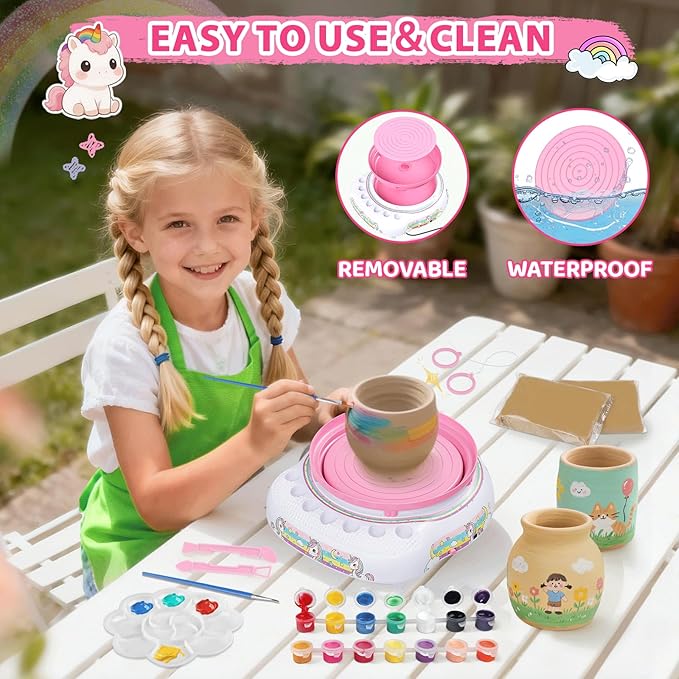 Pottery Wheel for Kids, Arts & Crafts Pottery Painting Toys Kit for Kids Ages 8-12, Unicorn Art Supplies with 3 Pack Air Dry Clay and Tools, Birthday Easter Gift for Girls Boys 6 7 8 9 10 11 12