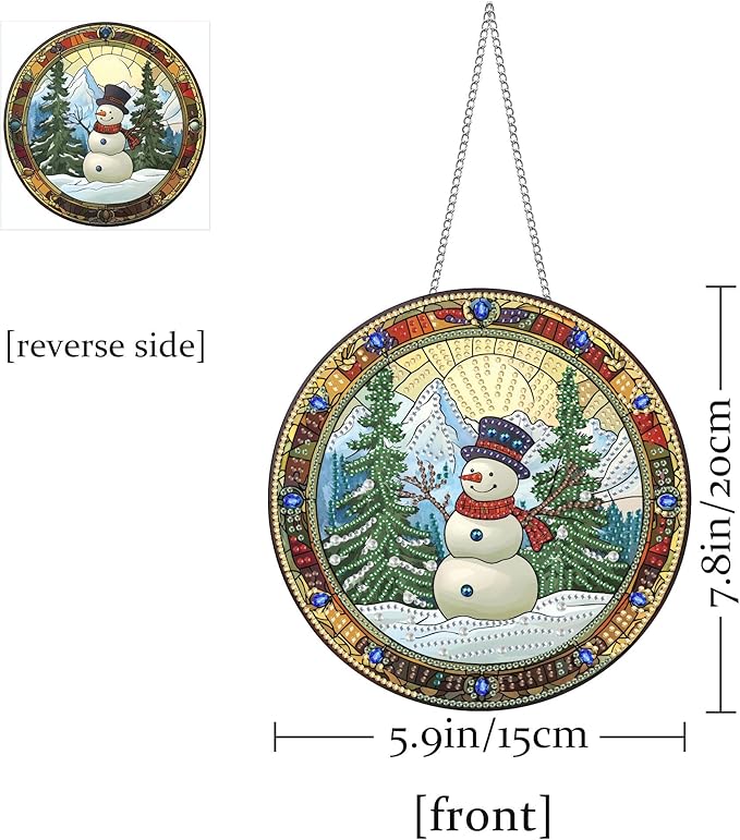 Pavemlo Hanging Diamond Art Kits for Adults Christmas Snowman – 8x8 Inch Double-Sided Acrylic Board DIY Crystal Diamond Suncatcher Pendant, Sparkling Home Wall or Window Decoration Handmade Gift