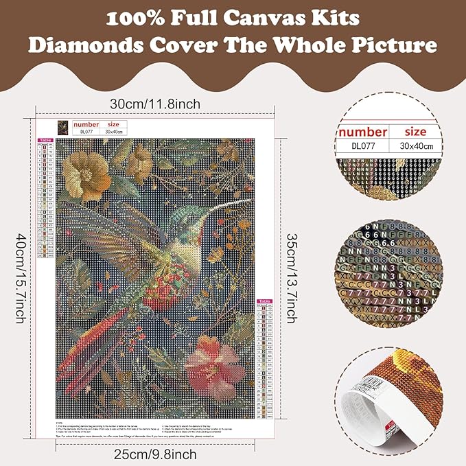 SENQAO Hummingbird Diamond Painting Kits for Adults, Flower Diamond Art Kits for Adults Beginner, DIY Full Drill Diamond Dot Gem Painting for Home Wall Decor 12x16inch