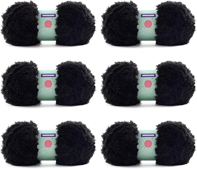 6 Skeins Faux Fur Yarn Soft Fluffy for Crocheting - Chunky Fuzzy Yarn for Crochet Amigurumi, Hat, Shawls, Total Length (71x6) Yards (Black)