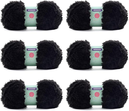 6 Skeins Faux Fur Yarn Soft Fluffy for Crocheting - Chunky Fuzzy Yarn for Crochet Amigurumi, Hat, Shawls, Total Length (71x6) Yards (Black)