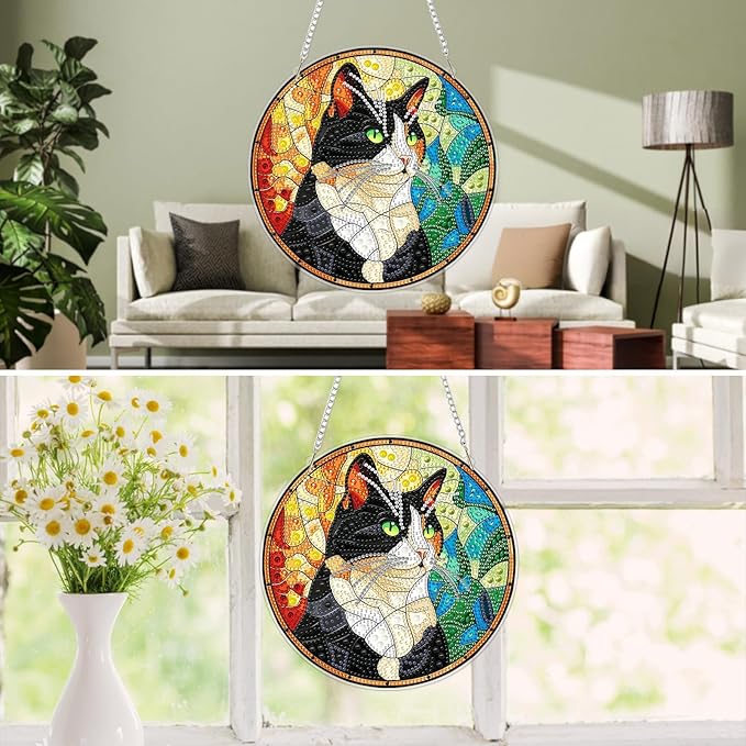 MXJSUA Diamond Art Hanging Kits for Adults Beginners, Stained Glass Cat DIY Acrylic Special Shaped Crystal Diamond Gem Art Pendant Drills Painting Ornament for Home Wall Decor and Gift