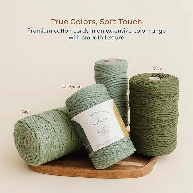 Nook Theory Macrame Cord - 3mm 220 Yards Cotton Rope, 4mm 5mm Yarn, String for Crafts, Perfect for Macrame Wall Hanging and Boho Decorations (Army Green)