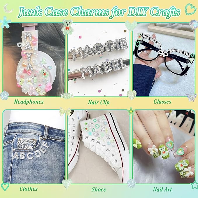 330 Pcs Green Junk Phone Case Charms 26 Pcs A-Z Rhinestone Alphabet Letter Charms, Mix Flower Bow Heart Pearls Flatback Resin Charms Letter Junk Cases Kit for DIY Crafts