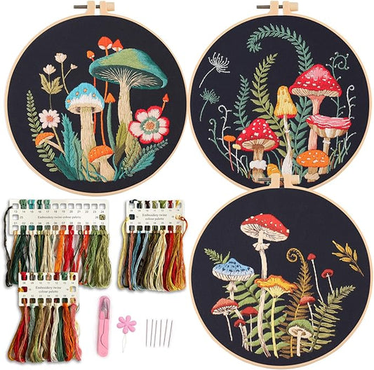 Myfelicity Embroidery Kit with Mushroom Patterns, 3 Hoops, Fabric, Threads, Needles, Instructions (red)