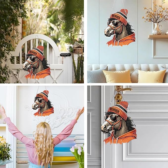 DIY Diamond Art Hanging Kit for Adult,Acrylic Diamond Art Painting Window Pendants Home Garden Wall Hanging Kits Hanging Ornament,Football Style (Denver Orange)