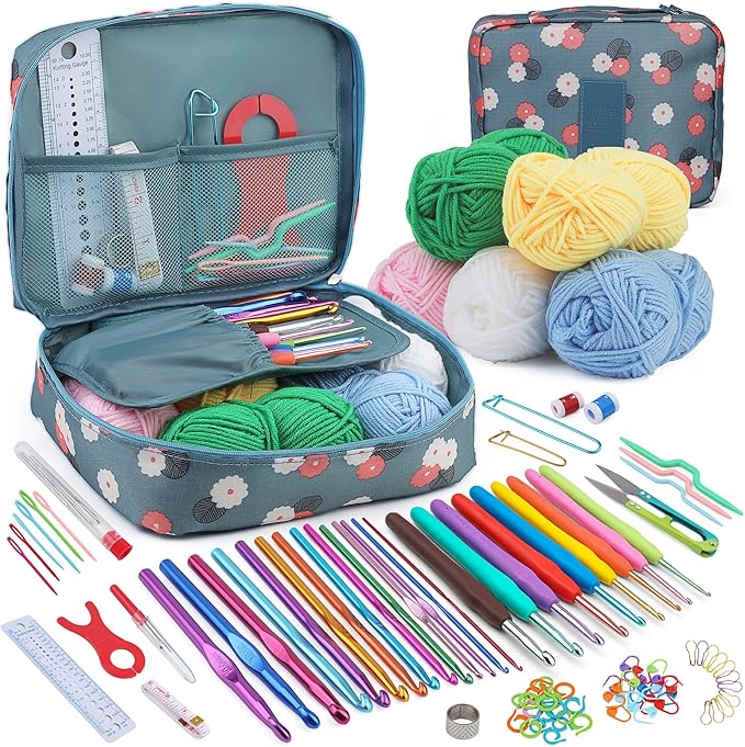 Pnytty Crochet Kit for Beginners Adults, 107pcs Starters Knitting Kit Include Crochet Yarn, Ergonomic Crochet Hooks, Knitting Tool Supplies for Travel Craft DIY