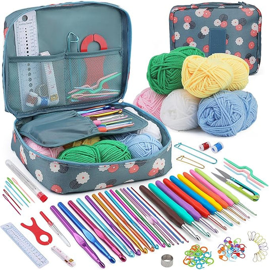Pnytty Crochet Kit for Beginners Adults, 107pcs Starters Knitting Kit Include Crochet Yarn, Ergonomic Crochet Hooks, Knitting Tool Supplies for Travel Craft DIY