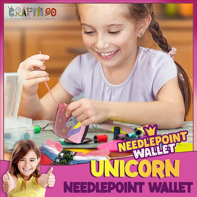 CRAFTILOO Needlepoint Kit for Kids — Beginner Cross Stitch Sewing Kit with Pre Printed Canvas, Easy Embroidery Arts and Crafts Starter Set for Girls and Boys Ages 6-12 (Unicorn)