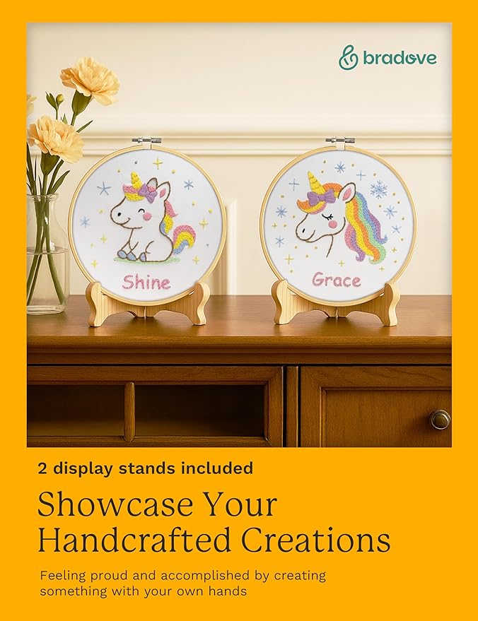 bradove embroidery kit for kids and adults, unicorns embroidery kit for beginners, easy needlepoint starter kit with 2 display stands