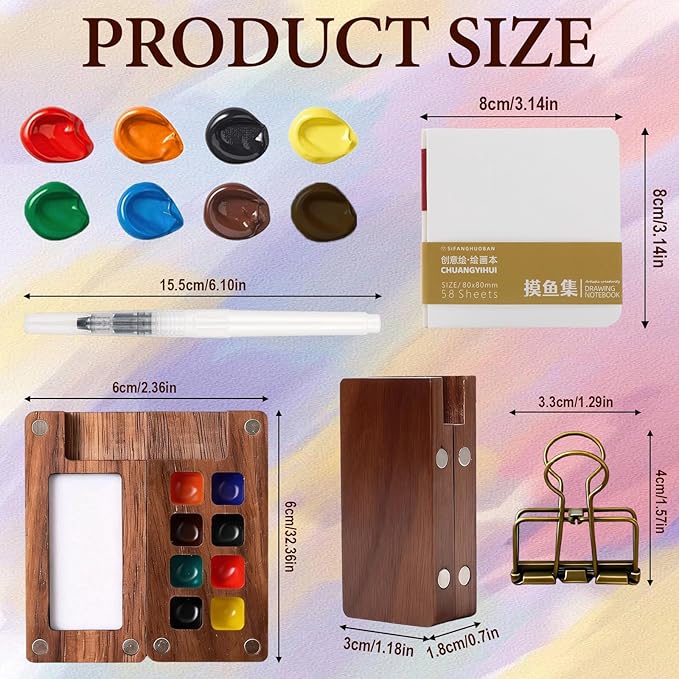 Mini Watercolor Travel Paint Set, 8 Grid Mini Portable Watercolor Palette with A Clip, Wooden Mini Paint Palette with Colours, Book, Binder Clips, Watercolor Pens for Painters Artists Students
