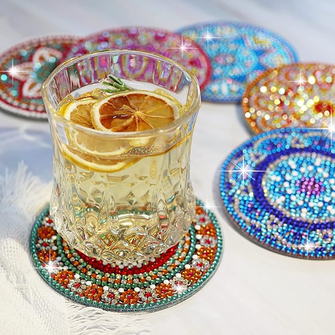 Temlum 6 Pcs Diamond Painting Coasters with Holder, Mandala Diamond Art Coasters Kits for Beginners, Adults Small Diamond Painting Kit Art Craft Supplies