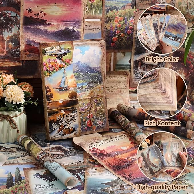 160 Sheets Vintage Scrapbook Paper Set - 8 Nature Impressions Themed Aesthetic Natural Scenery Patterns, Journaling Scrapbooking Supplies Craft Decoupage Papers Kit, for Junk Journals Collage Making