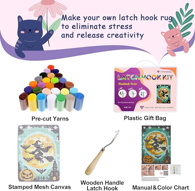 veirousa Halloween Flying Witch Latch Hook Kits for Adults Kids Beginners Pumpkin DIY Latch Hook Rug Kit Pre-Printed Hook and Latch Carpet Making Kits Cross-Stitch Wall Hanging Crochet Set 15x20 Inch