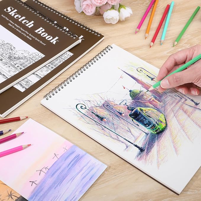 4 pack sketch book, 9 x 12 inch sketchbook, 68lb/100gsm top spiral bound sketch pad, acid free art supplies drawing painting sketching paper for kids, beginners, artists (tan)