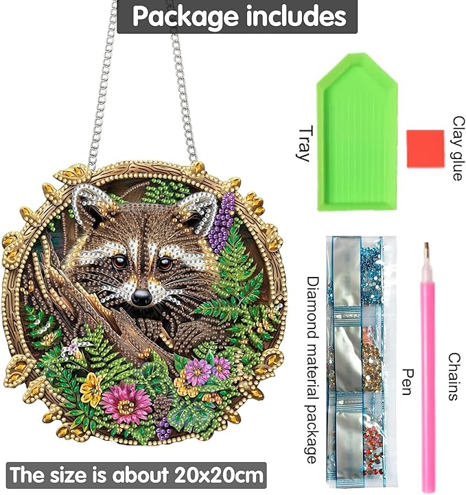 Yomiie Raccoon Sun Catcher Window Hanging - DIY Double Sided Animal Diamond Painting Pendant Kit, Acrylic Diamonds Art Ornament for Front Door Sign & Indoor/Outdoor Garden Decor(8x8 inch)