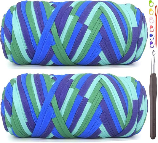 2 Pack Tshirt Yarn for Crocheting,Rainbow T Shirt Chunky Elastic Thick T-Shirt Crochet Yarn for Beginners Crocheting Hand Knitting Bag/Basket/Coasters/DIY Crafts/Home Decor 2 * 200G-Purple Blue Green