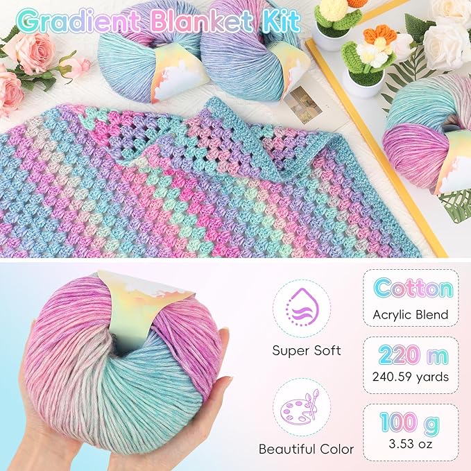 Aeelike Blanket Crochet Kit for Beginners, Super Easy Crochet Blanket Kit with Soft & Colorful Gradient Yarns Detailed Video Tutorials Crocheting Accessories, Aurora Purple Gradient & Ideal Gift