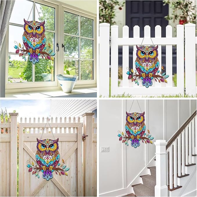 Reofrey Hanging Diamond Art Kits for Adults - 8x8 Inch Owl Animal Acrylic Board Double Sided Pattern Diamond Painting Suncatcher Pendant, Crystal Art for Home Wall or Window Decoration Handmade Gift