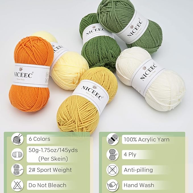 NICEEC 300g Soft Assorted Colors Yarn - Sport Weight,100% Acrylic, 4 Ply, Bonbons Yarn for Crochet & Knit, DIY Project Starter Kit for Kids or Adults(Total 870yds) - Series 7