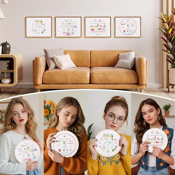 VIVIDOX 4 Sets Embroidery Kit for Beginners Adults, 35 Stitches Practice Kits Cross Stitch for Starter, DIY Hand Craft with Stamped Pattern, Bamboo Hoop, Threads, Needles, Scissors, Tools, Instruction