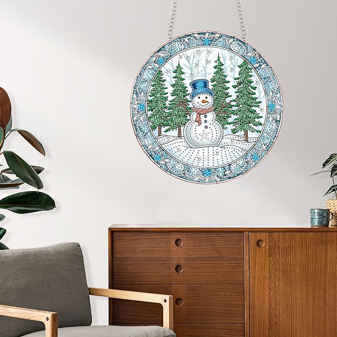 Reofrey Hanging Diamond Art Kits for Adults - 8x8 Inch Christmas Snowman Acrylic Board Double Sided Pattern Crystal Small Diamond Art Suncatcher Pendant, for Home Wall Window Decoration Handmade Gift