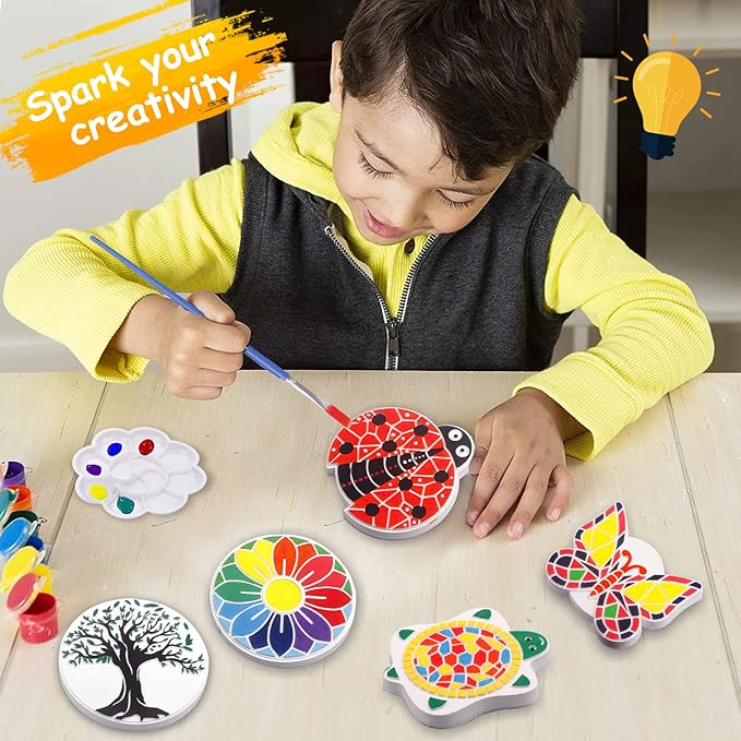 Weilim Paint Your Own Stepping Stones 5-Pack for Kids, Boys & Girls Ages 3-12, Butterfly, Turtle, Flower, Tree & Ladybug DIY Outdoor Garden Art & Craft Ceramic Painting Set Easter