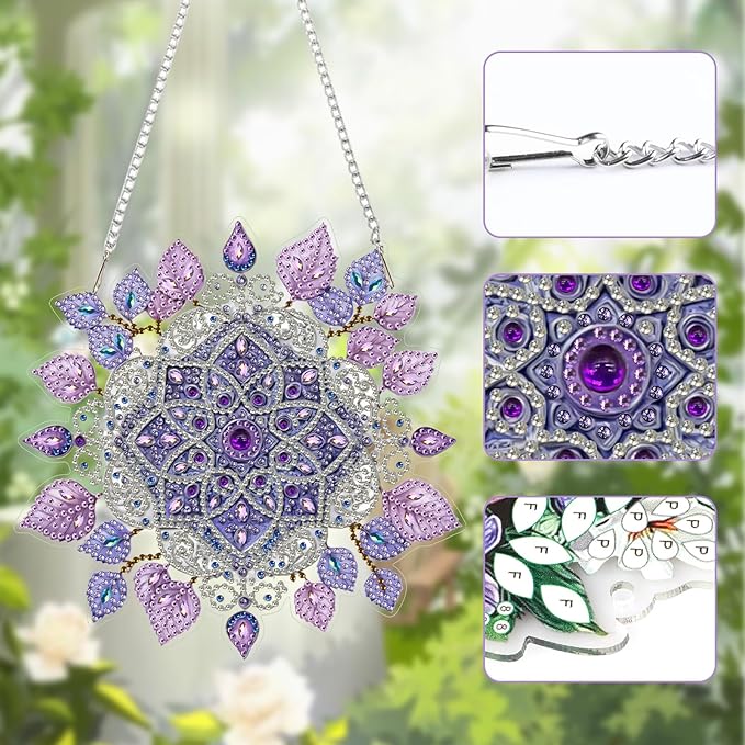 Lxmsja DIY Purple Mandala Diamond Painting Hanging Ornament, Double-Sided Acrylic Mandala Leaves Diamond Art Kit, Special Shaped Suncatcher Hanging Pendant Window Art Kit