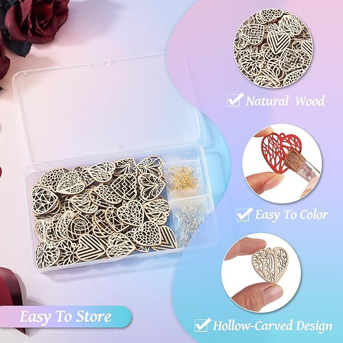 Elecrelive 60pcs Wooden Heart Charms Wooden Earring Blanks Filigree Heart Charms for Valentine's Day DIY Earring Necklace Jewelry Making