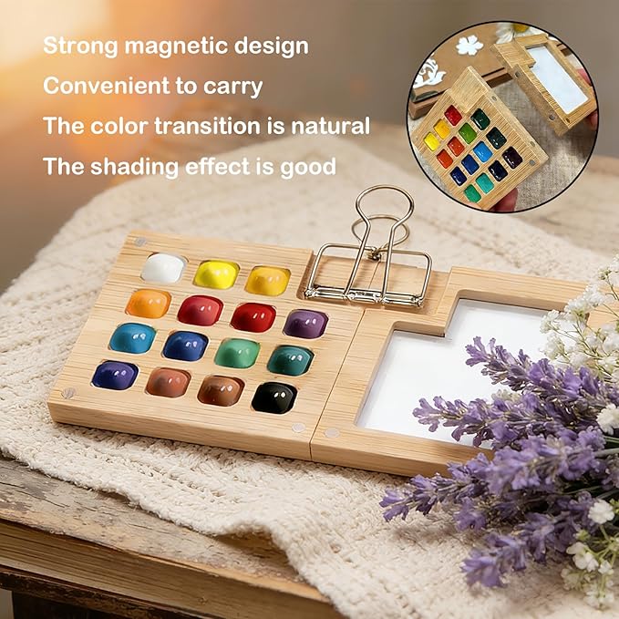 Mini Watercolor Paint Set Bamboo Travel Kit with Watercolor Palette Paintbrush Storage Bag and Water Storage Bottle Ready to Use Watercolor Sets for Artists and Beginners（15 Squares）