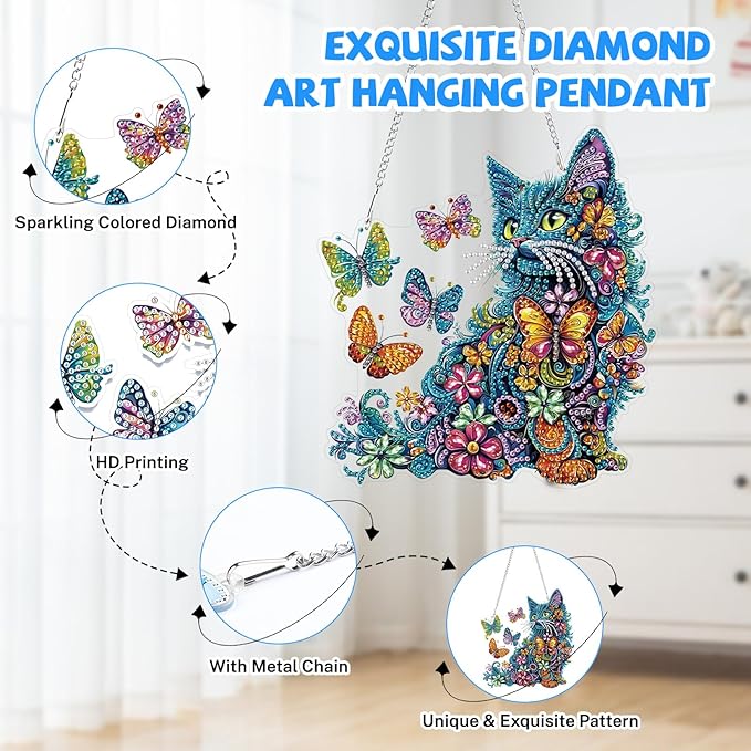 Bowetile Colorful Cat Diamond Art Hanging Kits for Adults, 5D Special Shape Diamond Painting Cats Window Pendant Kits, Animal Gem Art Suncatchers Ornament for Home Garden Wall Decor