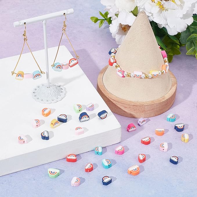 SUNNYCLUE 1 Box 200Pcs Rainbow Beads Handmade Polymer Clay Bead Rainbow Shaped Focal Colorful Flat Back Beaded Loose Spacer for Jewelry Making Kit Beading Bracelet Necklace Supplies