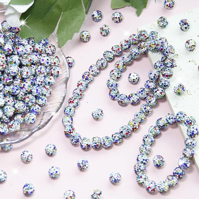 150 Pcs 10mm Rhinestone Beads for Jewelry Making, White Color Shiny Round Shamballa Disco Baseball Necklace Beads Sparkle Crystal Clay Pave Rhinestones Bead for DIY Bracelet Earring Making Supplies