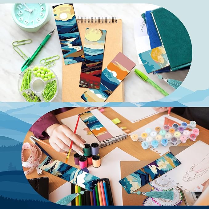 Kosiz 12 Pcs Mountain Paint by Numbers Kit for Adults Wood Bookmark Painting Decor Mini Paint by Numbers Kit Tassels Blank Bookmarks Craft for Small DIY Book Lovers Gift 7x2 ''