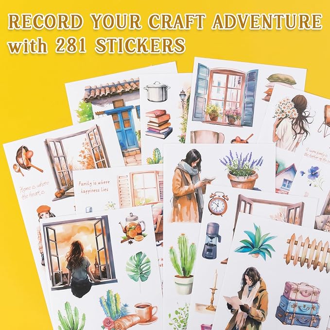 281PCS Pre-Cut Junk Journal Sticker for Adult, 20 Sheets Watercolor Scrapbook Sticker Book, Scrapbooking Supplies Stickers for Planner Cottagecore Decorative DIY Craft Project