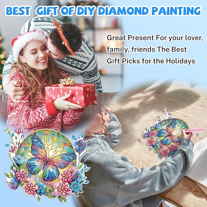 Bowetile Butterfly Diamond Art Hanging Kits for Adults, 5D Special Shape Diamond Painting Flowers Pendant Kits, Animal Gem Art Suncatchers Painting Ornament for Home Garden Wall Decor
