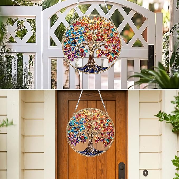 MXJSUA Colorful Tree Diamond Art Hanging Kits for Adults Beginners, DIY Acrylic Special Shaped Crystal Diamond Gem Art Pendant Drills Painting Ornament for Home Wall Decor and Gift