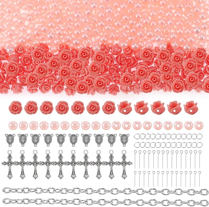 OEMOO 1410PCS Rosary Jewelry Making Kit Rosary Prayer Making Supplies Carved Rose Beads Cross Centerpiece Crucifix Medal, Silver Jesus Maria Pendant for Rosary Bracelet Necklace Jewelry (Pink)