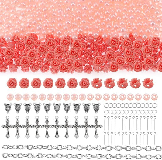 OEMOO 1410PCS Rosary Jewelry Making Kit Rosary Prayer Making Supplies Carved Rose Beads Cross Centerpiece Crucifix Medal, Silver Jesus Maria Pendant for Rosary Bracelet Necklace Jewelry (Pink)