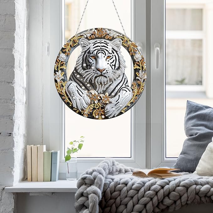 Generic DIY Hanging Diamond Pendant Special Shaped Crystal Diamond Art Painting Ornament Single Sided for Window Home Garden Wall Door Decor-White Tiger