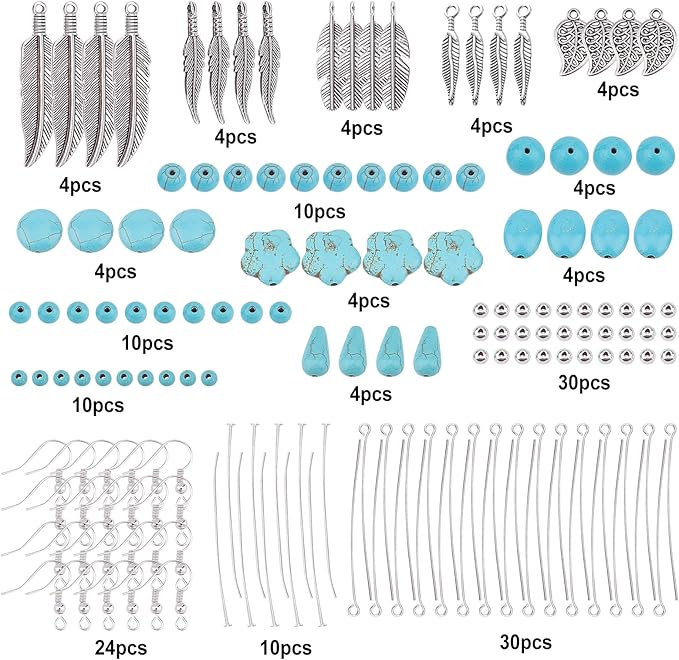 SUNNYCLUE 1 Box DIY 12 Pairs Turquoise Bead Dangle Earrings Making Kit Alloy Enamel Leaf Feather Pendants Charms with Eye Pin & Earring Hooks for DIY Earring Jewelery Making, Antique Silver